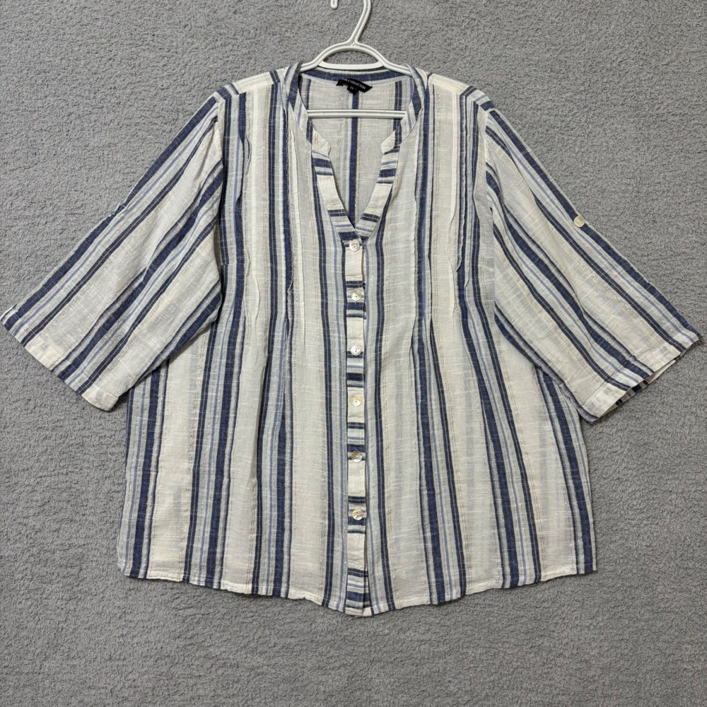 Comfortable Cotton Blend Blouse Roll Tab Sleeve Lightweight Blue Stripe 3X